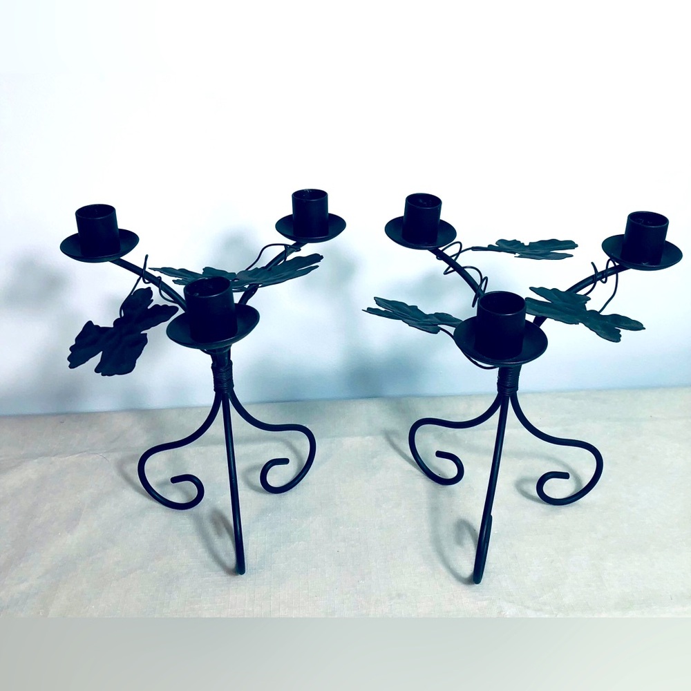 A Pair Of Vintage Black Rustic Rod Iron 3 Tiers Candles Sticks Vine Leaf Decor